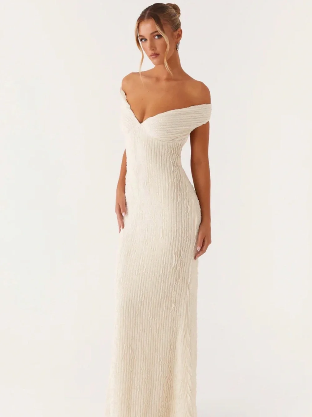 Off-Shoulder Ivory Knit Evening Dress - Picture 1 of 4